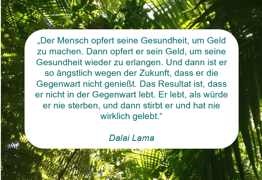 Zitat des Dalai Lama auf www.achtsam-engagiert.de: "Der Mensch opfert seine Gesundheit, um Geld zu machen. Dann opfert er sein Geld, um seine Gesundheit wieder zu erlangen. Und dann ist er so ängstlich wegen der Zukunft, dass er die Gegenwart nicht genießt. Das Resultat ist, dass er nicht in der Gegenwart lebt. Er lebt, als würde er nie sterben, und dann stirbt er und hat nie wirklich gelebt"