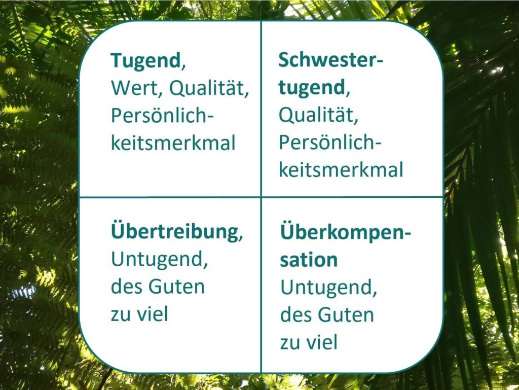 Das Bild zeigt das Werte- und Entwicklungsquadrat nach Friedemann Schulz von Thun, welches ein gutes Feedback-Tool ist. Visualisiert von www.achtsam-engagiert.de