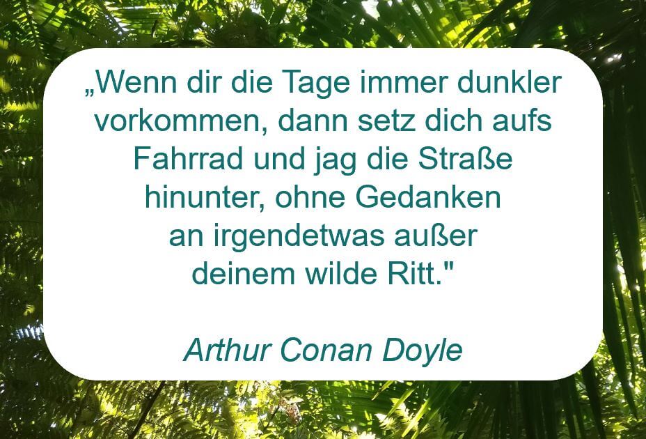 Zitat der Woche auf www.achtsam-engagiert.de von Arthur Conan Doyle: „Wenn dir die Tage immer dunkler vorkommen, dann setz dich aufs Fahrrad und jag die Straße hinunter, ohne Gedanken  an irgendetwas außer  deinem wilde Ritt." 