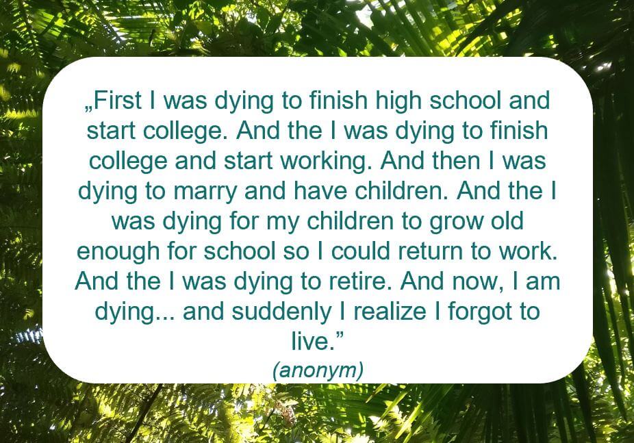 First I was dying to finish high school and start college. And the I was dying to finish college and start working. And then I was dying to marry and have children. And the I was dying for my children to grow old enough for school so I could return to work. And the I was dying to retire. And now, I am dying... and suddenly I realize I forgot to live. (anonym)