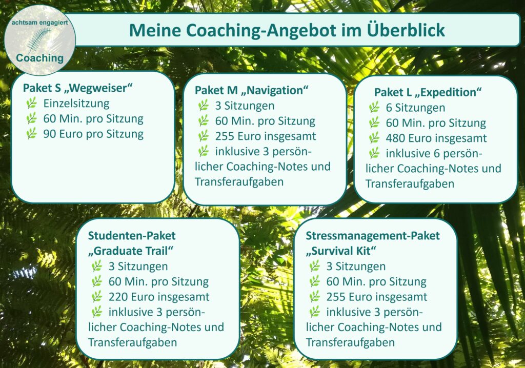 Mein Coaching-Angebot im Überblick. Ich habe 5 verschiedene Coaching-Pakete im Angebot. 3 Coaching-Pakte mit unterschiedlichem Umfang, 1 Coaching-Paket zum Thema Stressmanagement und 1 Coaching-Paket speziell für Studenten